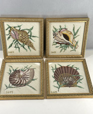 Vtg Nautical Needlepoint Framed 4 Piece Set 8.5" x 8.5" Seashells and Sea Life