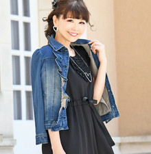 Lindo abrigo de jean recortado de manga abullonada chaqueta vaquera con volantes para Kawai para mujer