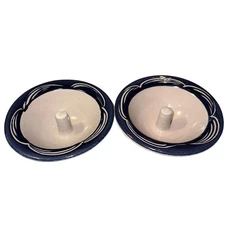 Pair Blue on White Combed Rim Original Apple Bakers Baking Dishes HANDMADE USA