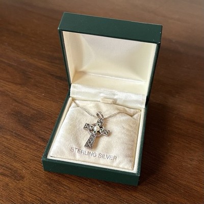 Solvar Irish Sterling Silver Marcasite Pearl Emeralds Cross Pendant Necklace
