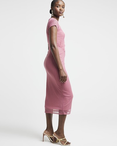 River Island Womens Bodycon Midi Dress Pink Mesh Stripe Crew Neck Short Sleeve - Picture 2 of 9