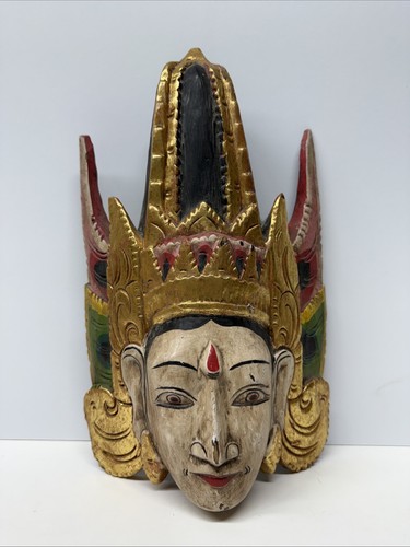 Masque indonésien bois sculpté Dewi Sinta dieu Rama Bali coloré ancien 13" - Photo 1/22