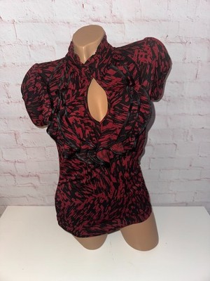 HeartSoul Shirt figurbetont Netz Mesh Volant Puffärmel rot schwarz Größe M