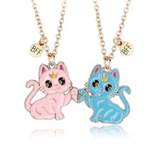 Best Friend Necklace for 2, Magnetic Sweet Cat Pendant Friendship BFF Pink Blue