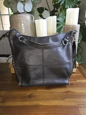 The Sak Black Textured Supple Leather Large Shoulder Bag Purse Studs See Photos