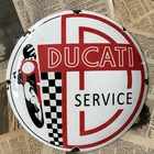 VINTAGE DUCATI SERVICE MOTORCYCLE DEALER 12 INCH CONVEX PORCELAIN ENAMEL SIGN