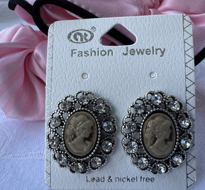 Lead & Nickel Free Tan Cream Cameo CZ Silver Tone Oval Earrings NEW W Gift Bag