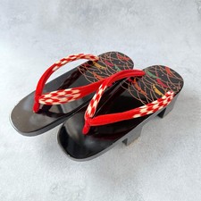 Vintage Japanese Geta Sandals 1960s Black Lacquer Wave Red Hanao Osaka