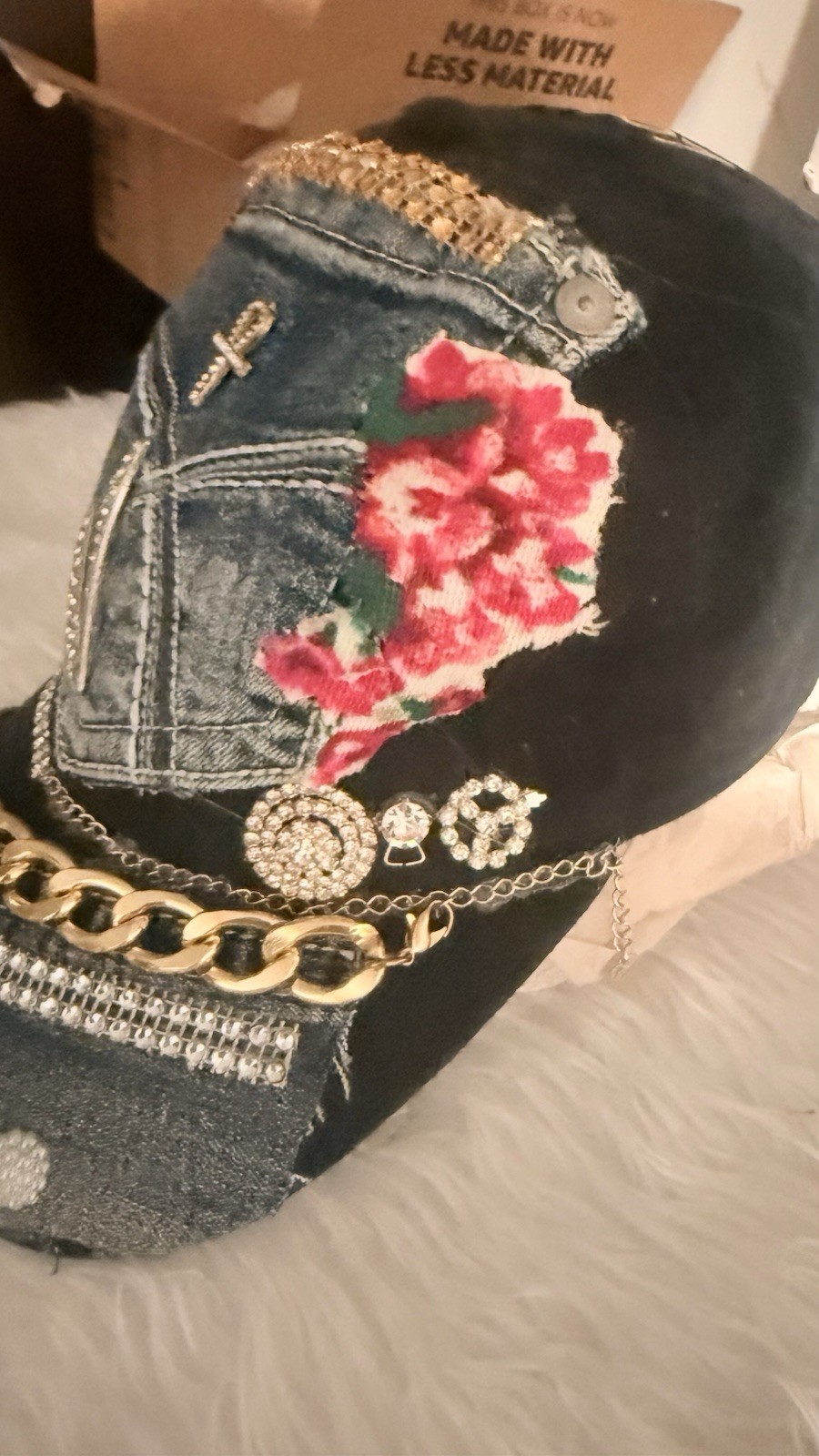 Handmade Patchwork Denim Baseball Cap Chains Rhin… - image 5