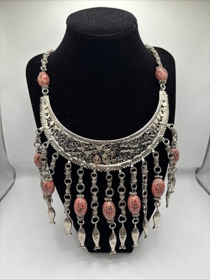 Vtg Boho Tribal Statement Bib Necklace Silver Filigree Floral Beads Fish Charms