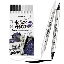 4 Black and 4 White Paint Pens Brush and Bold Dual-tip Acrylic Paint Marker S...