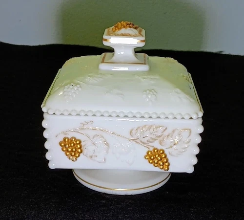 Vintage Westmoreland Beaded Grape Milk Glass Covered Honey Box with Gold Trim