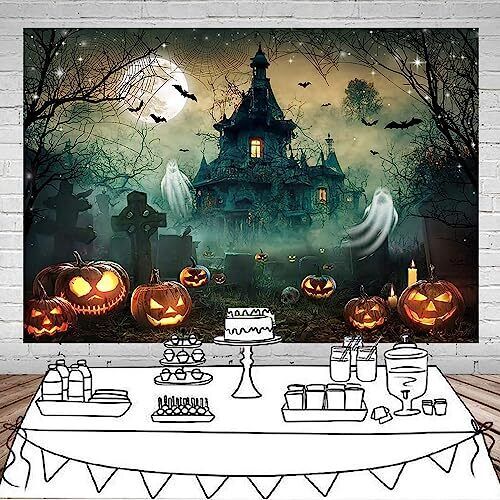 Halloween Photo Backdrop Full Night Moon Halloween Banner Scary Castle 7x5ft - Picture 3 of 7
