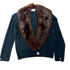 Vtg 50's Orlon Black Cardigan MINK FUR Shawl Collar Jeweled Clasp Sweater S/M