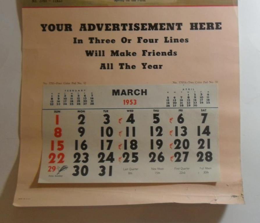 VINTAGE FARM THEME MARCH 1953 WALL CALENDAR SAMPLE SPRING ON THE FARM WALT  OTTO | eBay