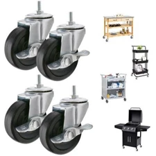 4PCS Rubber Swivel Caster Wheels with Brake 10mm Threaded Screw Stem