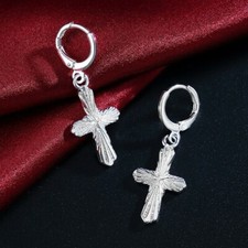 925 Sterling Silver Christian Jesus Christ Cross Catholic Crucifix Hoop Earrings