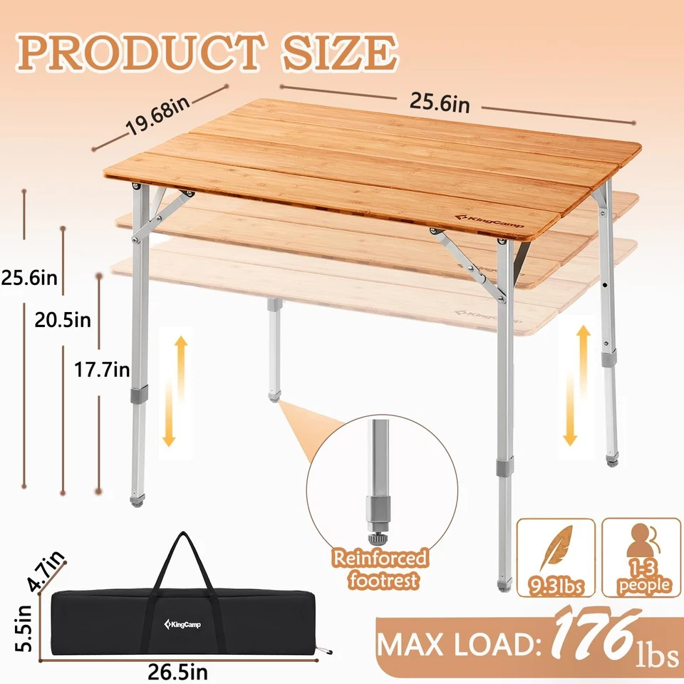 KingCamp Bamboo Folding Table Environmental Camping Table with Adjustable Hei... - Image 3 of 4