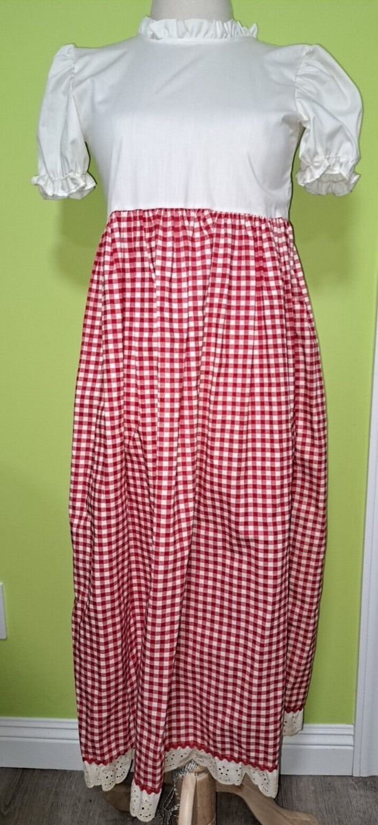 Vintage Cottagecore Red Gingham Maxi Dress Eyelet Lace Empire Waist Cotton  XS | eBay