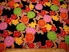 Floral Fabric By The Yard Pink Yellow Grn Orange Red Gold on Black Cotton PC