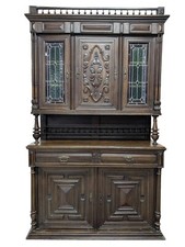Antique Henri II Carved Buffet, Cupboard, Stained Glass, Oak, 96.5″H, PA6646CG