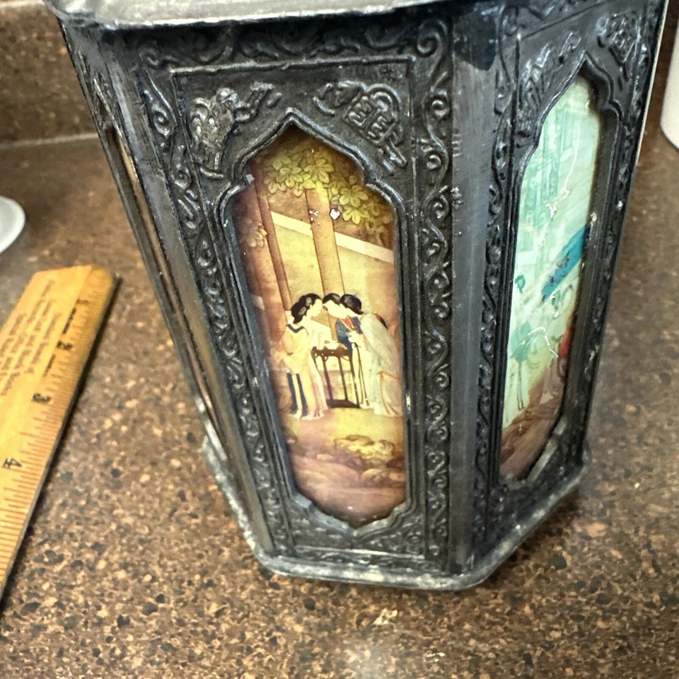 19th C. Chinese Pewter Tea Caddy Flask 7 Panel Reverse Glass Shantou 7” HTF - Image 3 of 4