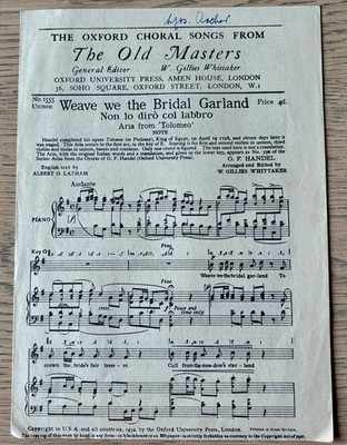 HANDEL WEAVE WE THE BRIDAL GARLAND UNISONO SONG NOTEN (1932) ENGLAND