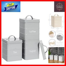 Image of Vintage Metal Tea Coffee Sugar Canister Set, Grey Airtight Food Storage Tins 3pc