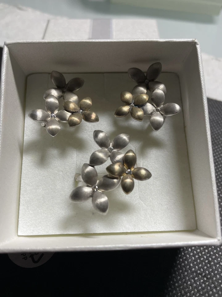 Vintage 925 Sterling Silber Schmuckset Ring mit 3 Blumen Ohrstecher - chliper 