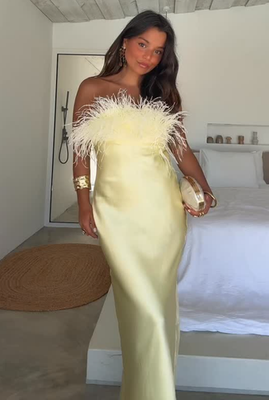 Zara Feathered Long Satin Dress Strapless Yellow Size S M L XL 2168/002 New | eBay UK Zara Feathered Long Satin Dress Strapless Yellow Size S M L XL 2168/002 New | eBay UK