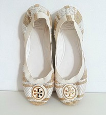 Tory Burch Caroline Woven Stripe Gold Logo Size 8 Flats