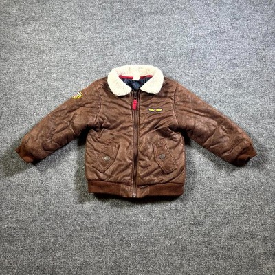Little Me Aviator Jacket Toddler 3T Brown Patches Faux Fur Collar Full Zip Cozy