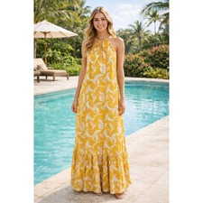 Nine West Yellow Tropical Leaf Halter Maxi Dress Tiered Keyhole Tie Size M