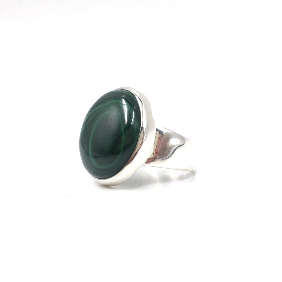anello malachite verde argento 925 vintage donna gioielli sigillo 17,5 mm / 55 - Immagine 2 di 4