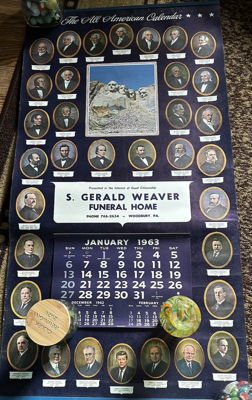 1963 All American Presidents Calendar From S. Gerald Weaver Funeral Home, PA