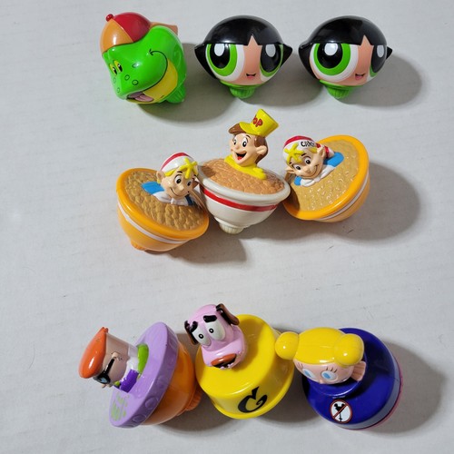 Kellogg's 2003 Vintage Cartoon Network & Cereal Icons Spinning Tops Lot of 9