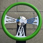 14" Billet Flame Steering Wheel with Green Vinyl Wrap and Horn Button