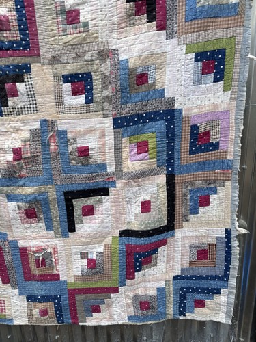 Antique Vintage Handmade Barn Raising Log Cabin Quilt 74x70 C1920s Indigo - Picture 3 of 24