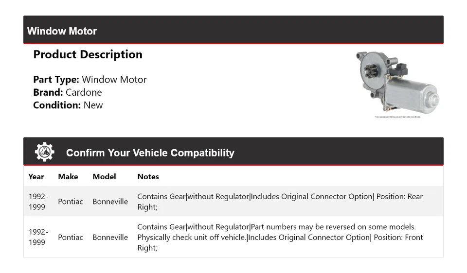 Para Pontiac Bonneville 1992-1999 Ventana Motor Cardone 1993 1994 1995 1996 1997 Foto 2 de 4