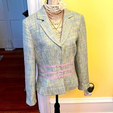 Chadwicks Sz 12p Lined Tweed Pastel Ribbon Bow Accent Snap Front Blazer Jacket