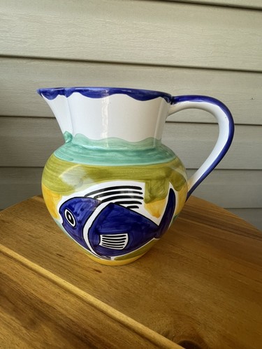 Tropical Fish Colorful Striped Hand Painted Ceramic Pitcher 7" Portugal