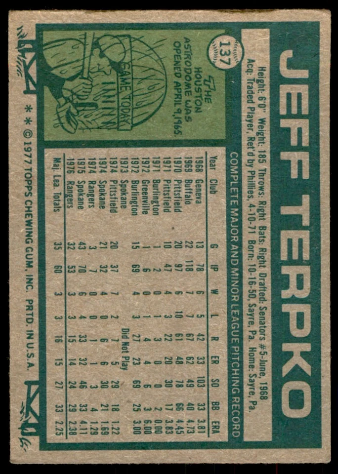 1977 TOPPS JEFF TERPKO ROOKIE . TEXAS RANGERS #137 - Image 2 of 2