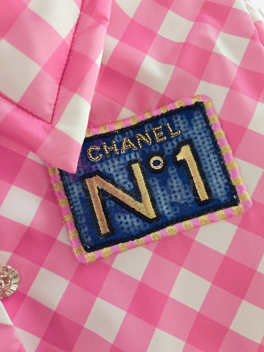 NWT CHANEL 23C SEQUIN LOGO EMBROIDERED PINK CHECK SILK NWT CHANEL 23C SEQUIN LOGO EMBROIDERED PINK CHECK SILK