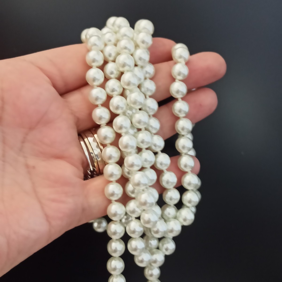 Vintage Glass Pearl Necklace Lariat Large Round White Faux Heavy