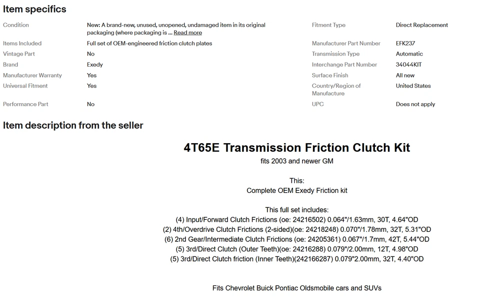 4T65E GM TRANSMISSION Rebuild Overhaul Friction Clutch Set Exedy EFK237 2003+ - Image 3 of 3