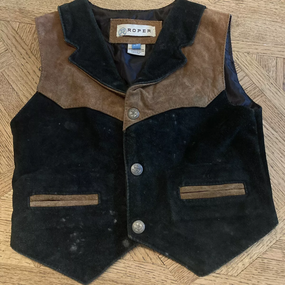 Vintage Roper Boy's 100% Leather Suede Vest Black Brown Yoke As Found - Dirty