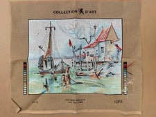 Vintage Needlepoint Canvas Fishing Boat Collection d'Art Started 15.5x19.5