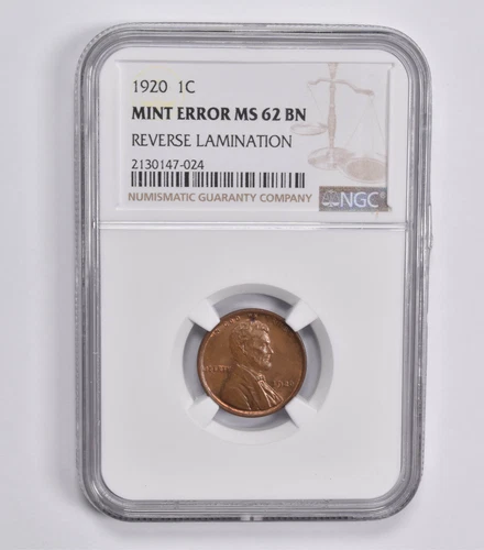 Mint Error MS62 BN 1920 Lincoln Wheat Cent Reverse Lamination NGC *3771