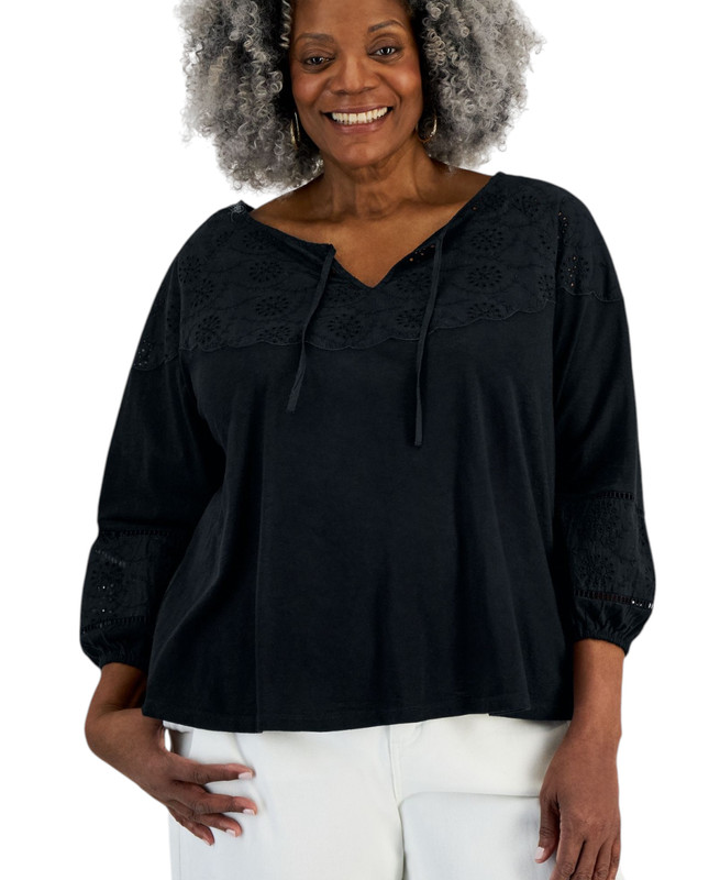 Женский топ с вышивкой на петельках большого размера Style & Co (темно-черный, 1 шт.)
