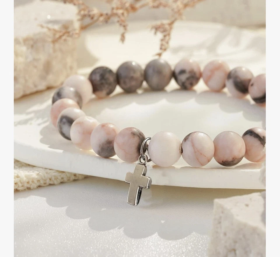 Pulsera Cruz Piedra Natural con Versículo Bíblico Oraciones Tarjeta Regalo Religioso Mujeres Foto 4 de 4